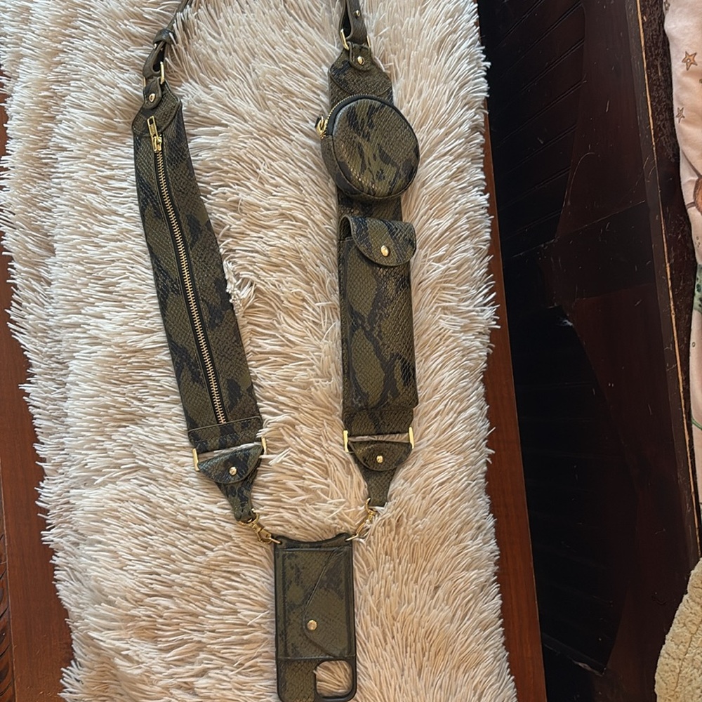 Bandolier utility strap with iPhone case & MagSafe pink phone case with case